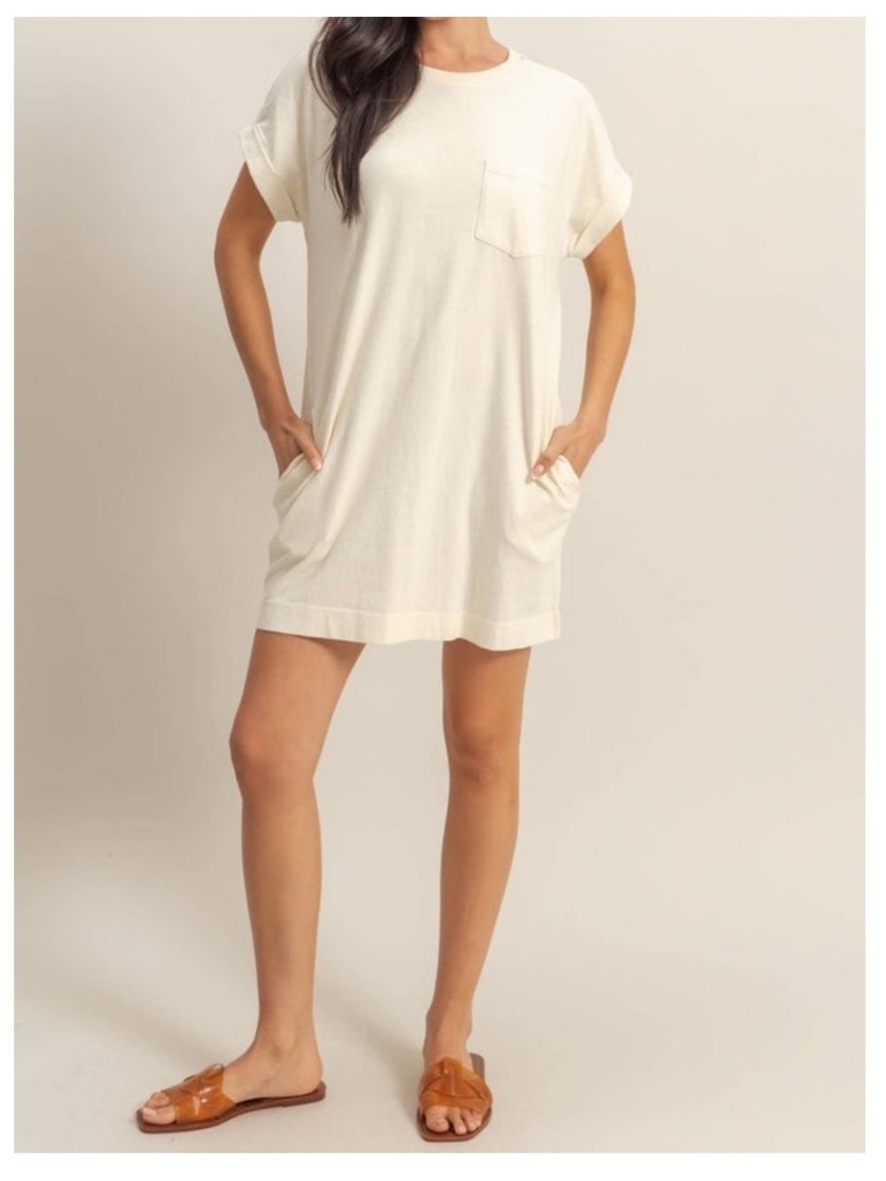 🟠NWT DOUBLE ZERO T-Shirt Mini Dress w/Pockets in Cream